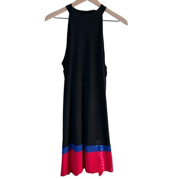 NWT Nicole Miller Stretch Jersey Halter Shift Dress Colorblock Black Red Blue, L - Picture 2 of 9